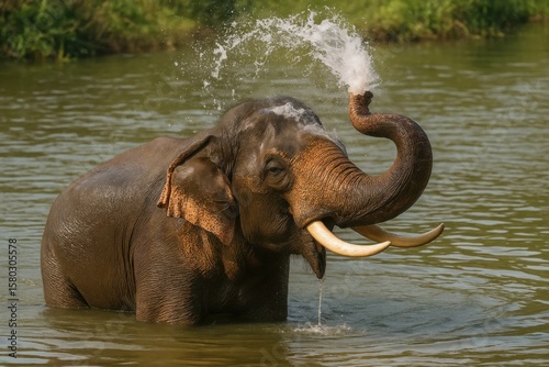 An elephant is playing in the water with its trunk spraying up