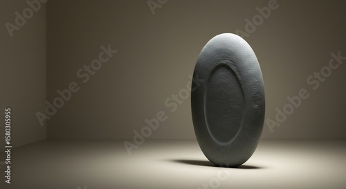 An upright dark grey oval textured object with an inner indentation stands on a light surface in a softly lit corner