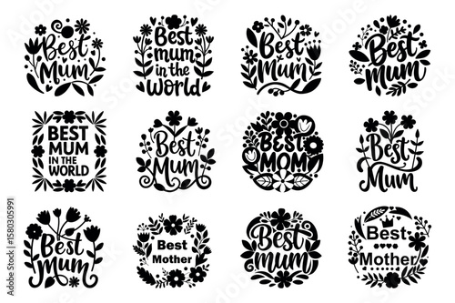 Twelve black floral graphics showcase Best Mum and Best Mother messages on a white background