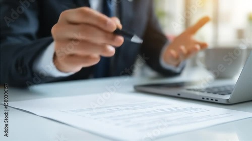 Close-up of a businessman writing on paper with a black pen at a modern office desk, with soft natural light and focused workspace mood.