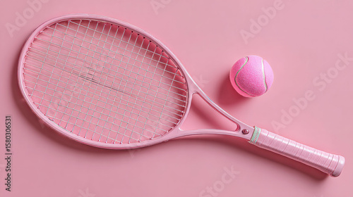 A pink background with a pink tennis racket and ball. Posters, greeting cards, headlines, websites, and applications with a horizontal sports theme 