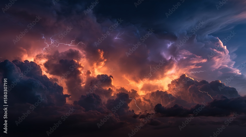 Naklejka premium Ethereal Lightning Storm: Dramatic Sky, Vibrant Clouds, and Electric Discharges