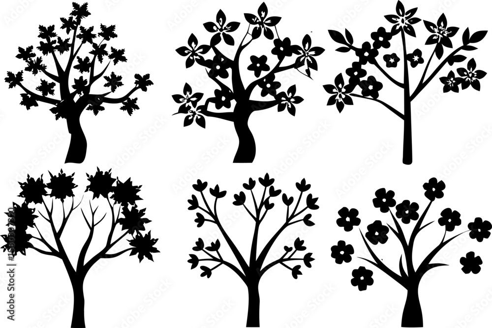Obraz premium Flowering Tree Silhouette Vector Illustrations
