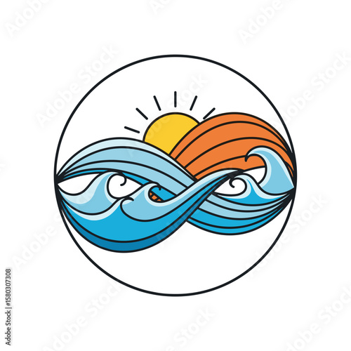 Sea waves and sunset in circular emblem, for travel blogs with copy space