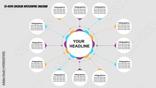 Circular Infographic PowerPoint Template – 12 Points Radial Diagram for Business Concepts, Mind Mapping & Strategy