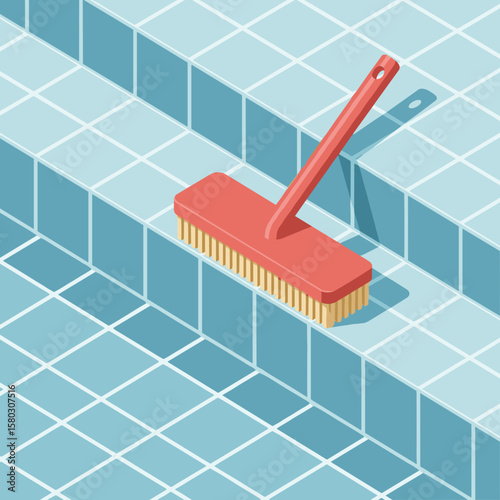Brush cleans blue tiled swimming pool, the concept of hygiene