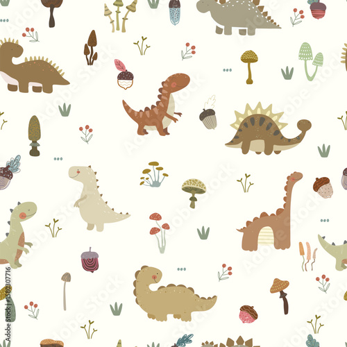 Seamless pattern with cute dino world, animals and cartoon nature mushrooms, grass, acorns. Vector illustration with hand drawn animals , fall kids pattern.