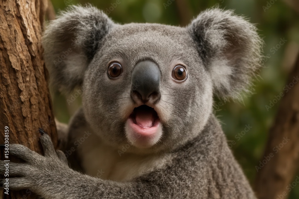Naklejka premium A playful koala peeks out from its tree hide, eyes wide with curiosity