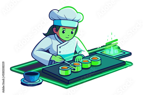 A cartoon chef with green skin and a white toque prepares sushi rolls on a glowing green platform with a cup of dark liquid nearby