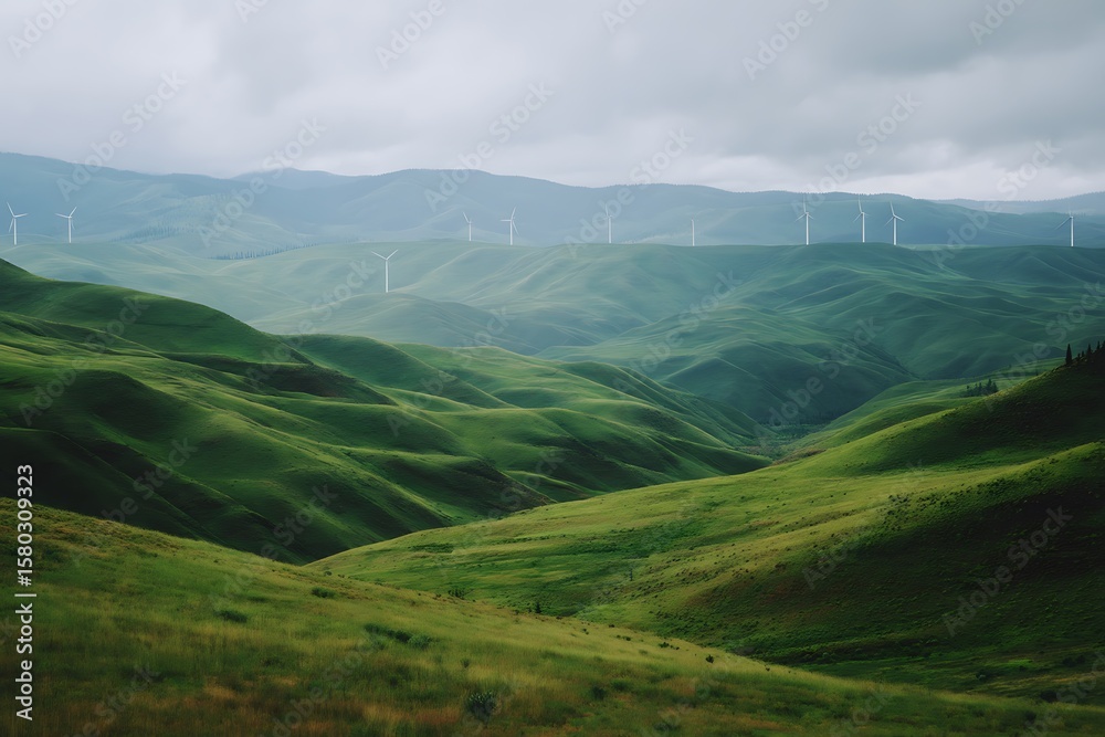 Rolling green hills under a cloudy sky, powered by wind turbines in a renewable energy landscape Rolling green hills under a cloudy sky, powered by wind turbines in a renewable energy landscape