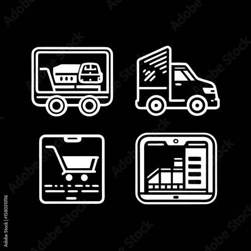Modern vector UI icons for ecommerce, cart, wishlist, payment, delivery truck, mobile order, 2D flat