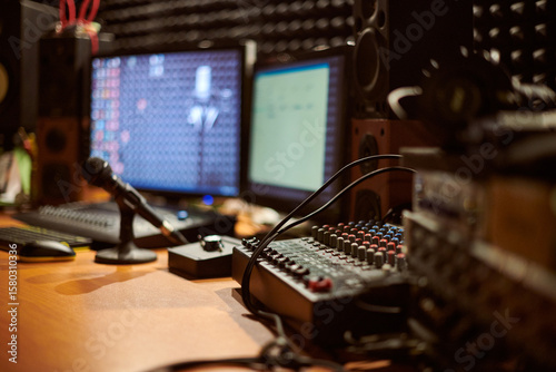 Audio mixing console with microphone in contemporary recording studio setting, showcasing intricate connections and advanced technology used in sound production