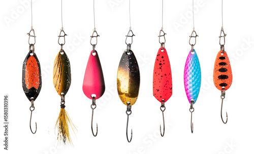 Cuadro en lienzo Colorful fishing lures hanging with transparent background