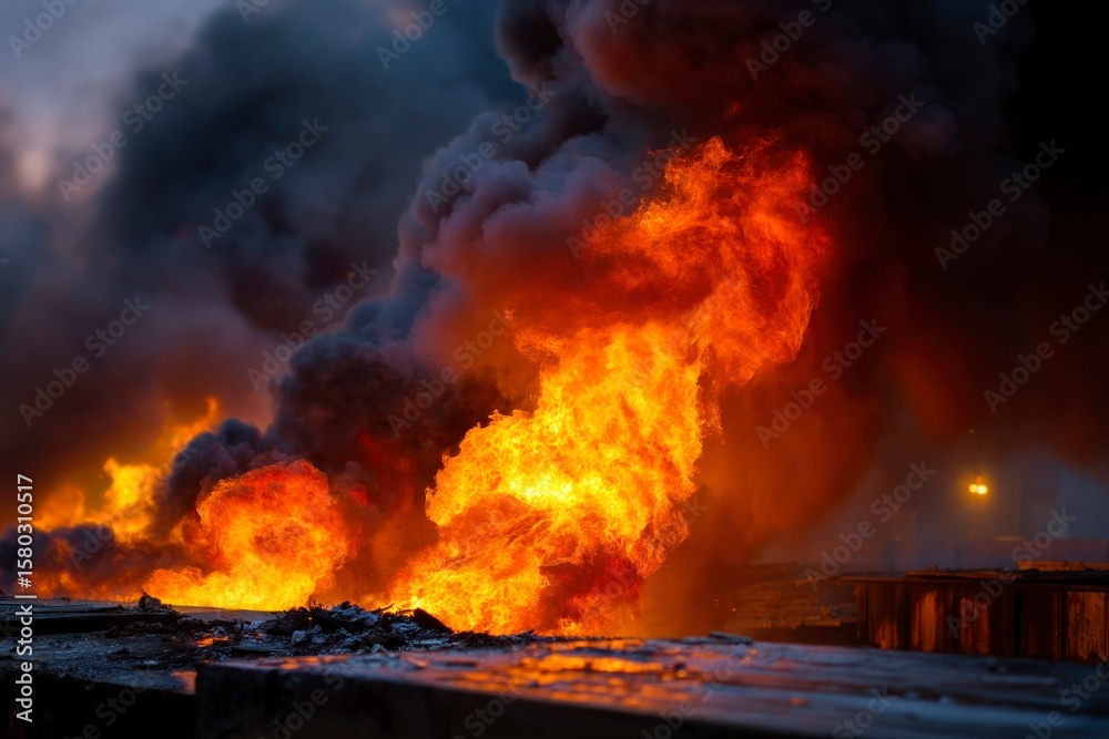 Obraz premium Flames engulf a structure generating thick dark smoke against a dim backdrop