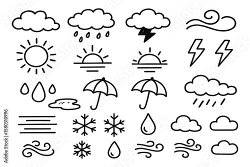 Weather Icons: Simple Outline Set of Sun, Rain, Clouds, Thunderstorms and Wind Elements