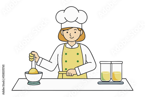 A cartoon chef in a white toque and yellow apron is shown mashing ingredients in a bowl with a whisk next to two beakers of liquid