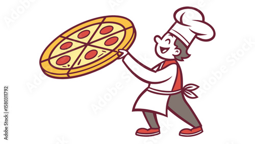 Cartoon chef happily presenting a freshly baked pizza with pepperoni toppings and sliced into equal parts