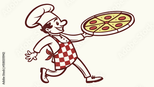 Cartoon chef running with a pizza, wearing a chef's hat and checkered apron, outlined in brown color