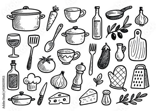 Sketchy Kitchenware Illustration: A Hand-Drawn Collection of Cooking Essentials