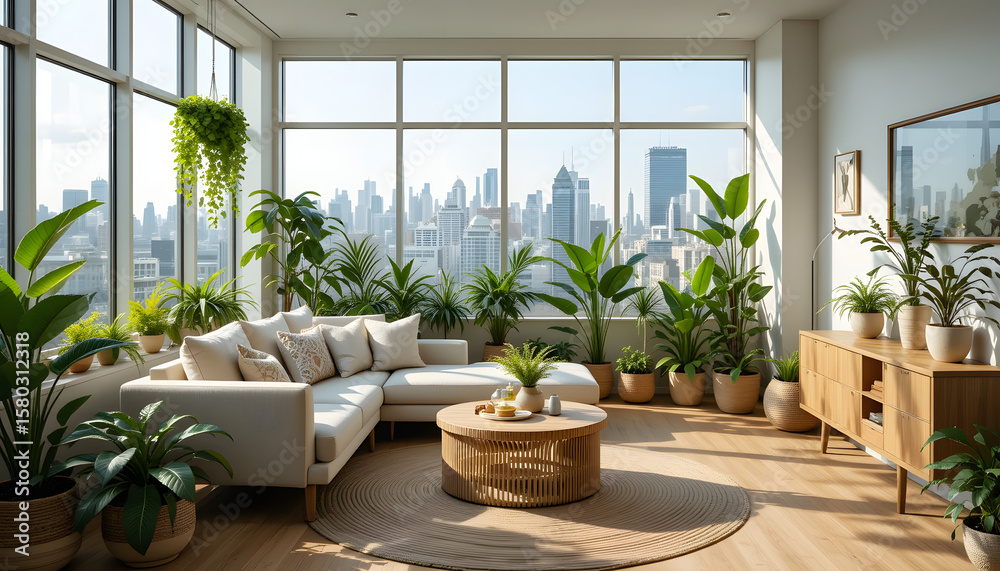Fototapeta premium Minimalist Apartment Living Room with Greenery and City Panorama
