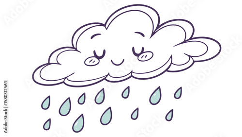 Illustration of a cartoon cloud with a smiling face and raindrops falling from it on a white background