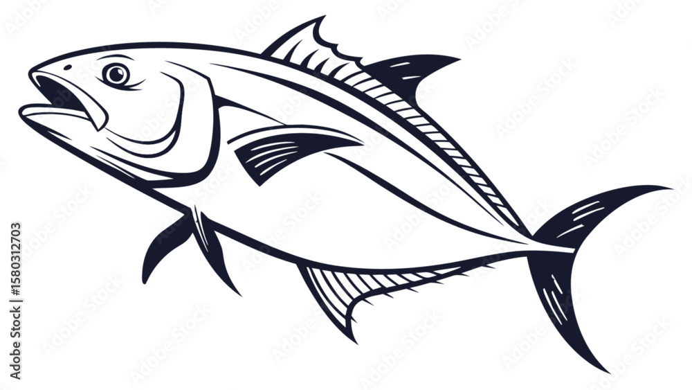 Obraz premium Stylized black and white illustration of a tuna fish with open mouth and detailed fins and tail