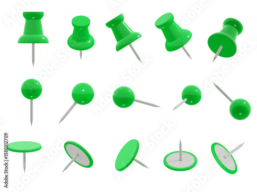Set of realistic different green push pin shapes, isolated, in various angles. 3D vector illustration of round-head, flat-head, and classic office-style thumb tacks.