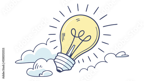 Illustration of a lightbulb emitting light rays surrounded by clouds on a white background design element