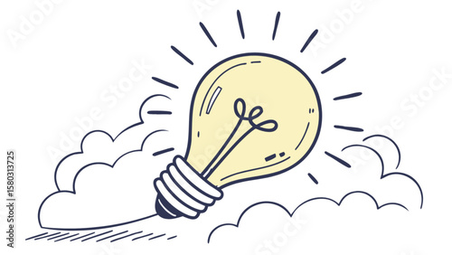 Illustration of a lightbulb emitting rays of light and resting on a cloud with a white background