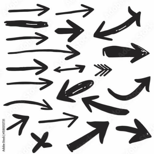 A collection of hand-drawn black arrows pointing in various directions, offering a versatile set of design elements for infographics and visual communication projects.