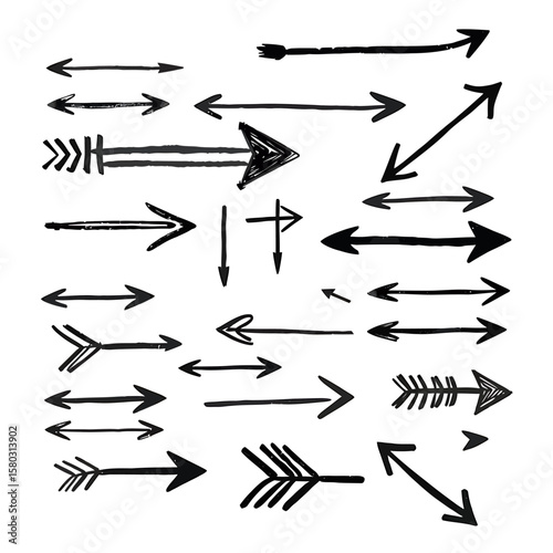 Collection of hand-drawn arrows in various styles and sizes, perfect for design projects needing directional indicators or decorative elements.  Ideal for websites, social media, and print.