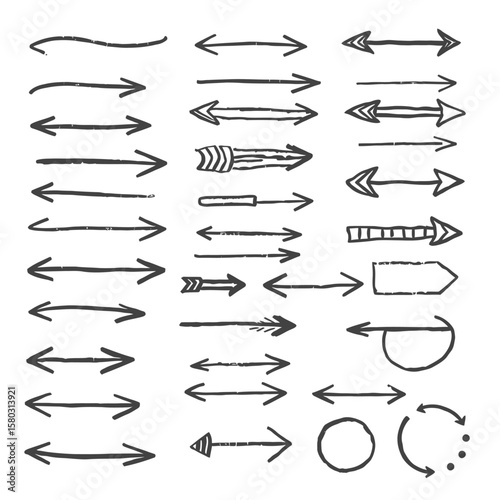 A comprehensive collection of various hand-drawn, sketchy black arrows and pointers, perfect for adding a unique artistic touch to any design project.