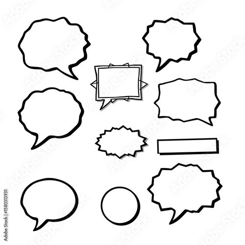 A collection of hand-drawn speech bubbles and thought balloons in various shapes and sizes, perfect for adding visual interest to a comic or creative project.