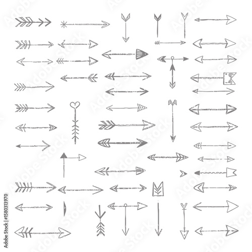 A large collection of various hand-drawn rustic arrows pointing in multiple directions, perfect for design elements on a clean white background.