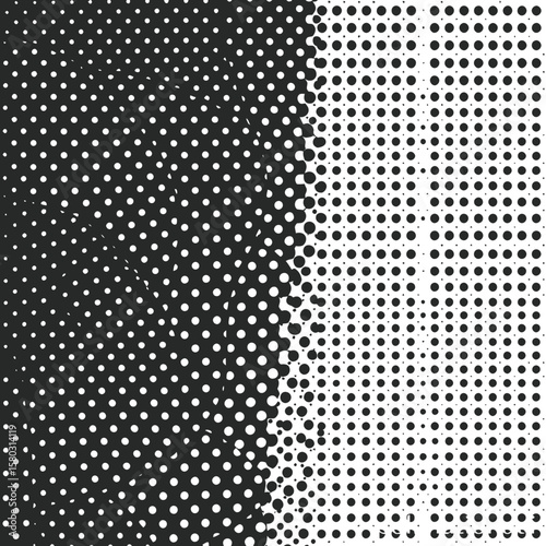 A dynamic halftone pattern creates a visually striking contrast, blending seamlessly from dense black dots to a sparser white area, ideal for modern designs.