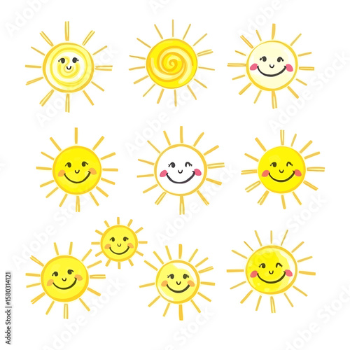 A collection of cheerful, smiling sun illustrations with radiating rays, perfect for conveying warmth, happiness, and bright weather.