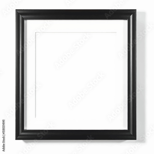 A sleek, empty black square picture frame with a white mat is isolated on a clean white background, ready for your creative content.