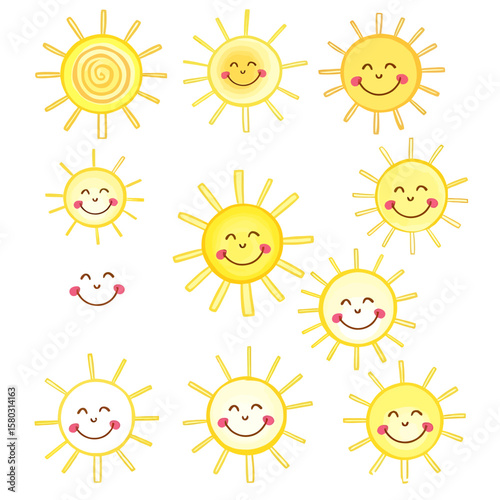 A collection of cheerful, cartoon sun illustrations with happy faces, perfect for children's designs and weather-related themes.