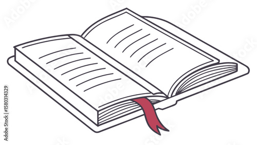 Illustration depicting an open book with lined pages and a red bookmark, showcasing reading material, 100 character
