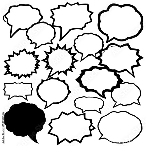 A collection of various speech bubble shapes in black and white, perfect for illustrating conversations, thoughts, ideas, and communication concepts on a white background.