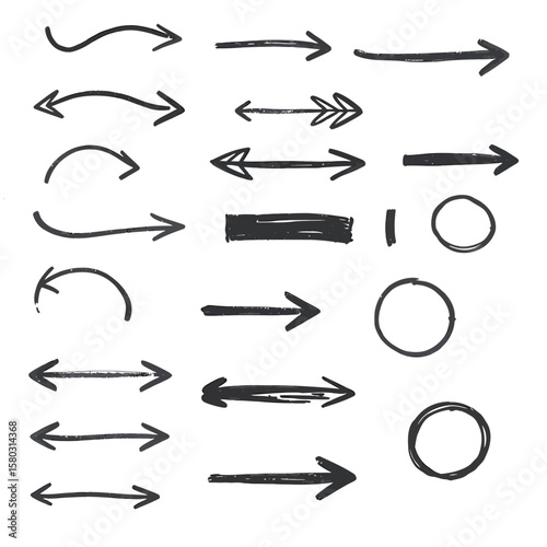 Hand-drawn arrows and circles in various styles and directions, providing a versatile graphic resource for design projects and visual communication needs on a white background.