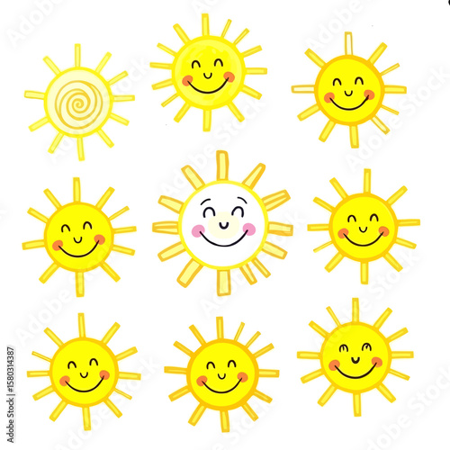 A collection of nine cheerful cartoon suns with happy smiling faces, radiating warmth and joy on a clean white background.