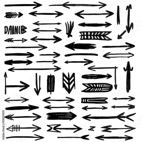 A diverse collection of hand-drawn arrows in black ink, showcasing various styles and directions for use in design projects, conveying movement and guidance.