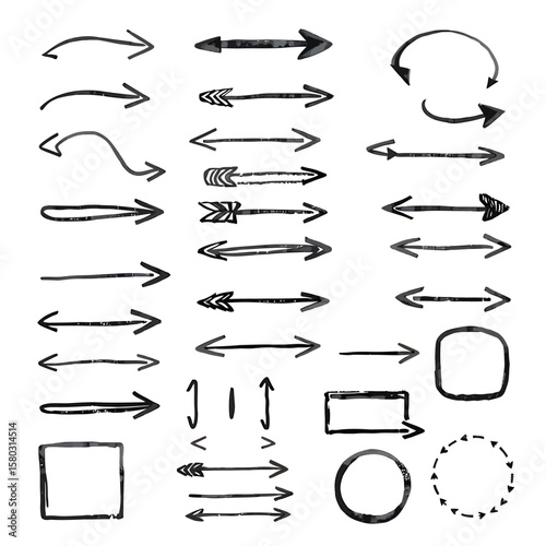 A collection of hand-drawn arrows, circles, and squares in various styles, perfect for design elements, highlighting, and pointing towards key information on a white background.