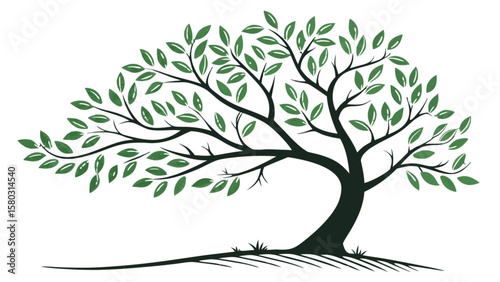 Illustration of a stylized tree with green leaves and dark branches against a white background design element
