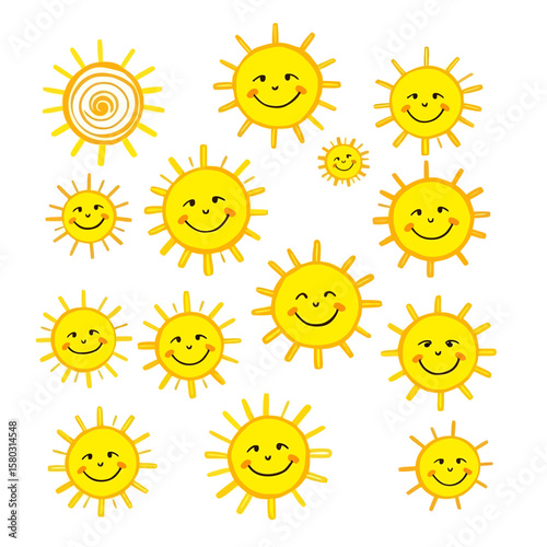A cheerful collection of smiling cartoon suns of various sizes, radiating warmth and happiness against a clean white background, perfect for children's designs.