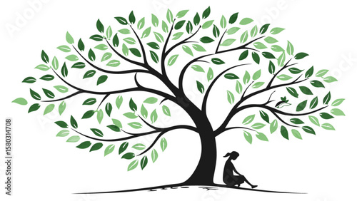 Silhouette of a woman sitting under a large tree with green leaves and a bird on a branch in the image