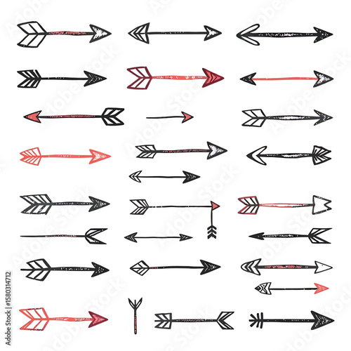 Collection of various hand-drawn arrows in black and red ink, set against a clean white background, offering a diverse range of design elements for creative projects.