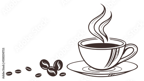 Illustration of a steaming coffee cup on a saucer with coffee beans scattered around on a white background