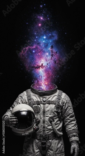Surreal astronaut portrait with cosmic nebula replacing head